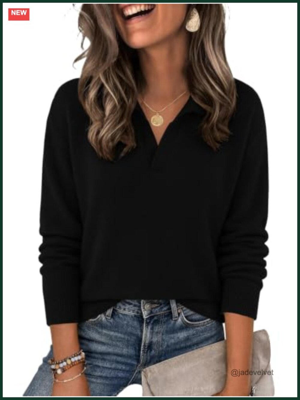Women's V Neck Collared Pullover Sweater Lightweight Long Sleeve Fall